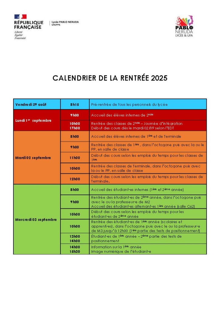 CALENDRIER DE LA RENTRÉE 2025